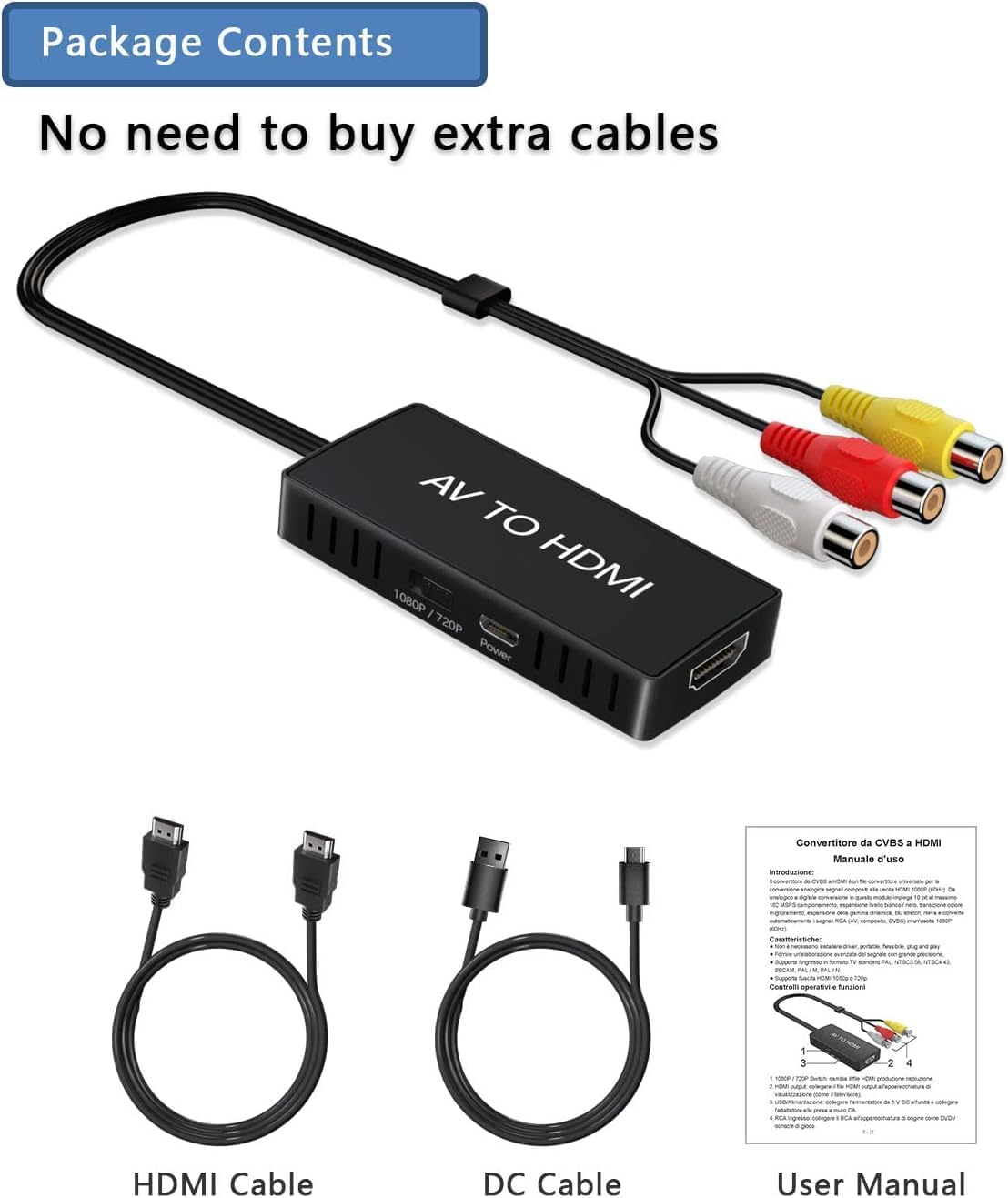 RCA to HDMI Converter, AV to HDMI Converter Adapter, Composite to HDMI Converter, Wii/PS2/VHS/VCR/DVD/X box/n64 to HDMI Converter for New TV, Support PAL/NTSC, 720P/1080P