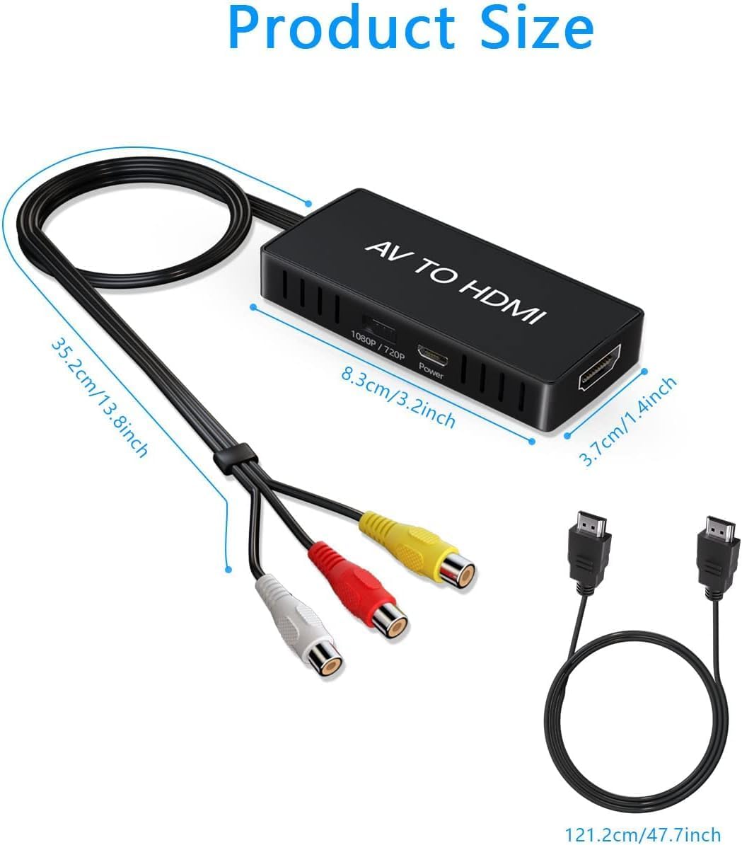 RCA to HDMI Converter, AV to HDMI Converter Adapter, Composite to HDMI Converter, Wii/PS2/VHS/VCR/DVD/X box/n64 to HDMI Converter for New TV, Support PAL/NTSC, 720P/1080P