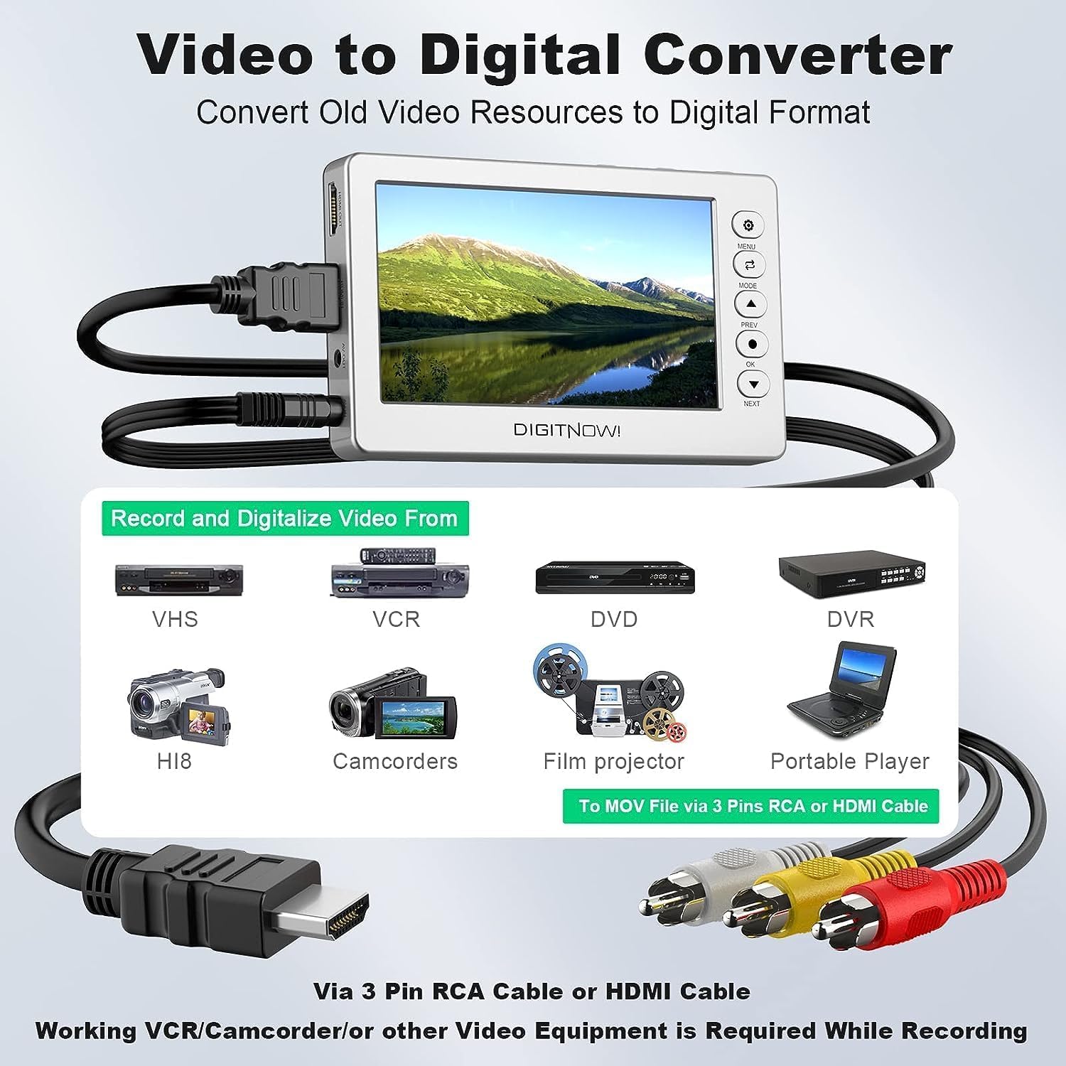 Video to Digital Converter 3.0, 5" Large Screen VHS to Digital Converter, 1080P Analog to Digital Video Converter, Video Recording from VCR, VHS, DVD, Tapes, Hi8, Camcorders, Gaming Systems