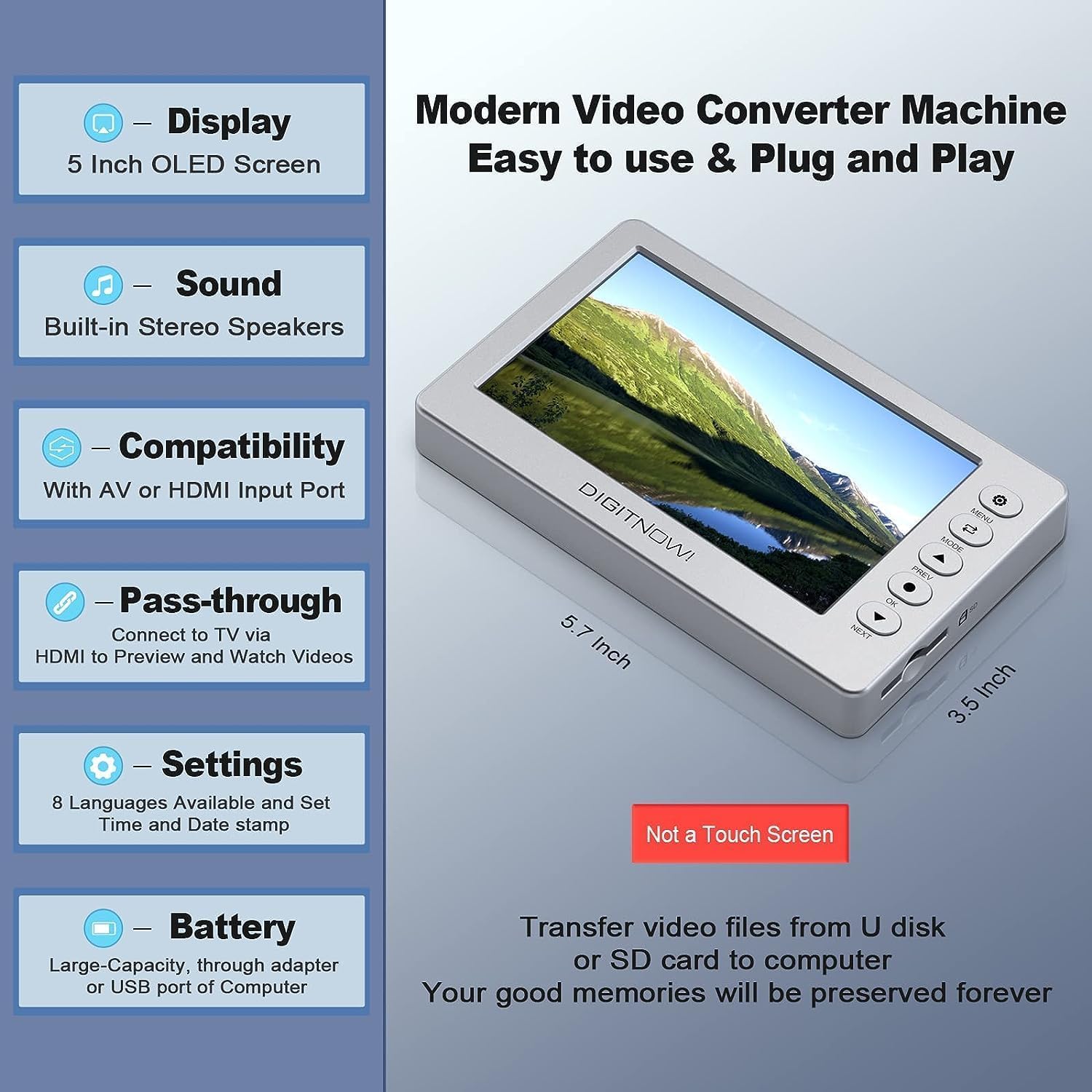 Video to Digital Converter 3.0, 5" Large Screen VHS to Digital Converter, 1080P Analog to Digital Video Converter, Video Recording from VCR, VHS, DVD, Tapes, Hi8, Camcorders, Gaming Systems