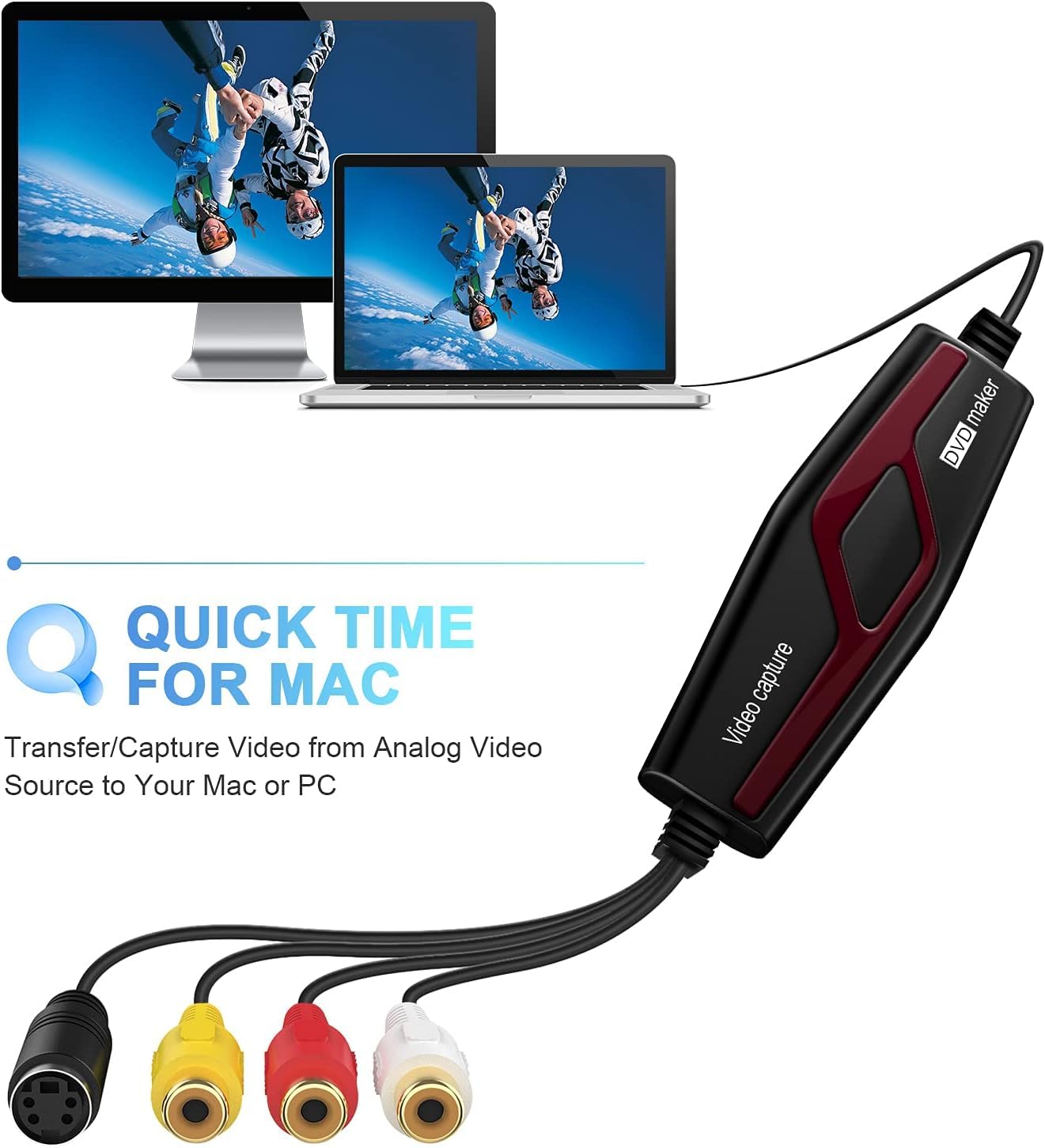 Video Capture Card USB 2.0, RCA to USB Video Capture Device, Digital Video Converter Grabber to Save Digital Files for Your Mac OS X Windows 7 8 10 PC, One Touch VHS VCR TV to DVD