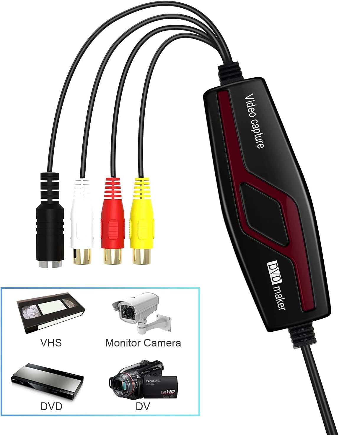 Video Capture Card USB 2.0, RCA to USB Video Capture Device, Digital Video Converter Grabber to Save Digital Files for Your Mac OS X Windows 7 8 10 PC, One Touch VHS VCR TV to DVD