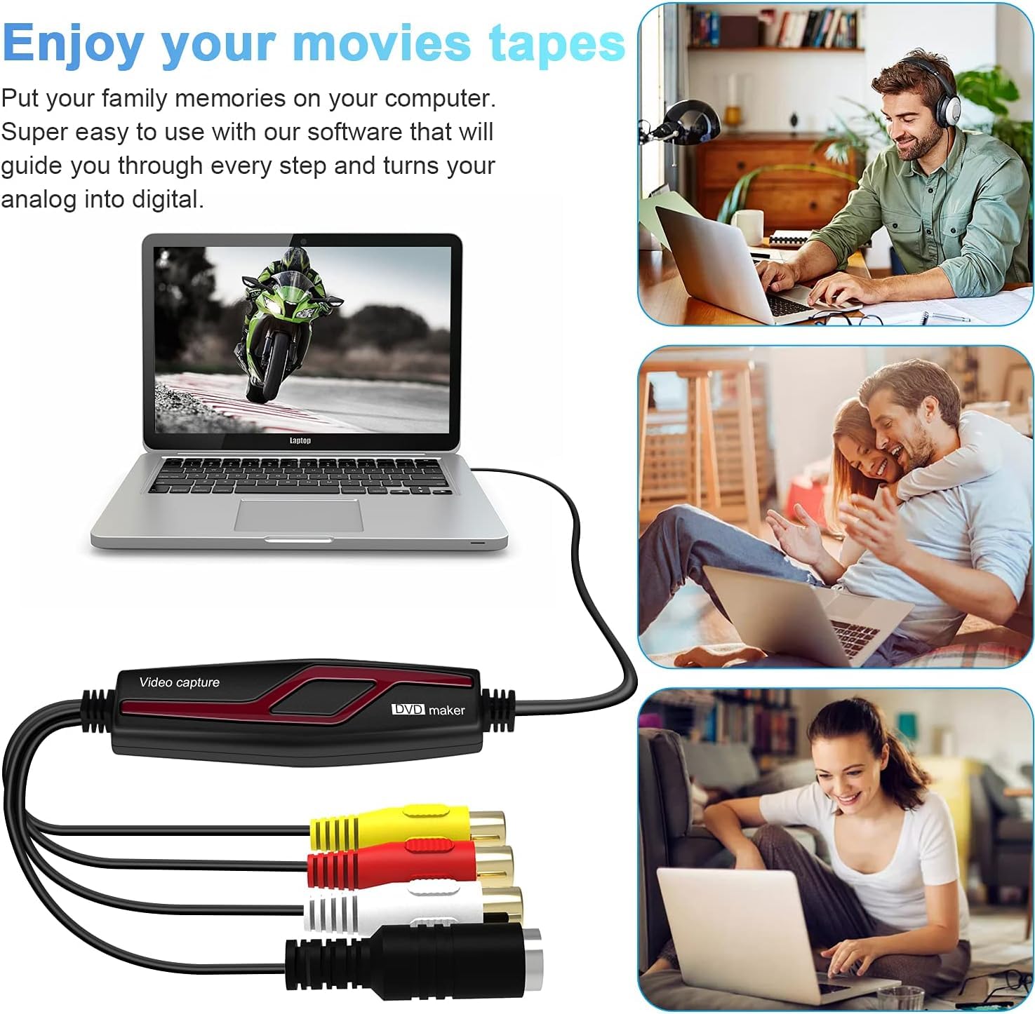 Video Capture Card USB 2.0, RCA to USB Video Capture Device, Digital Video Converter Grabber to Save Digital Files for Your Mac OS X Windows 7 8 10 PC, One Touch VHS VCR TV to DVD