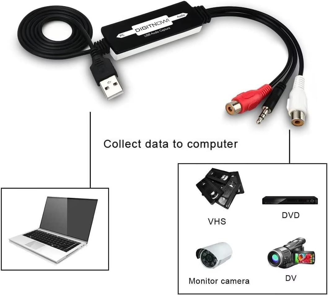 DigitPro USB 2.0 Audio Capture Card for Vinyl Records, Audio Grabber for Cassette Tapes to Digital MP3 Converter with Stereo RCA/3.5mm Music Interface, Support Mac & Windows 7/8/10/XP/Vista