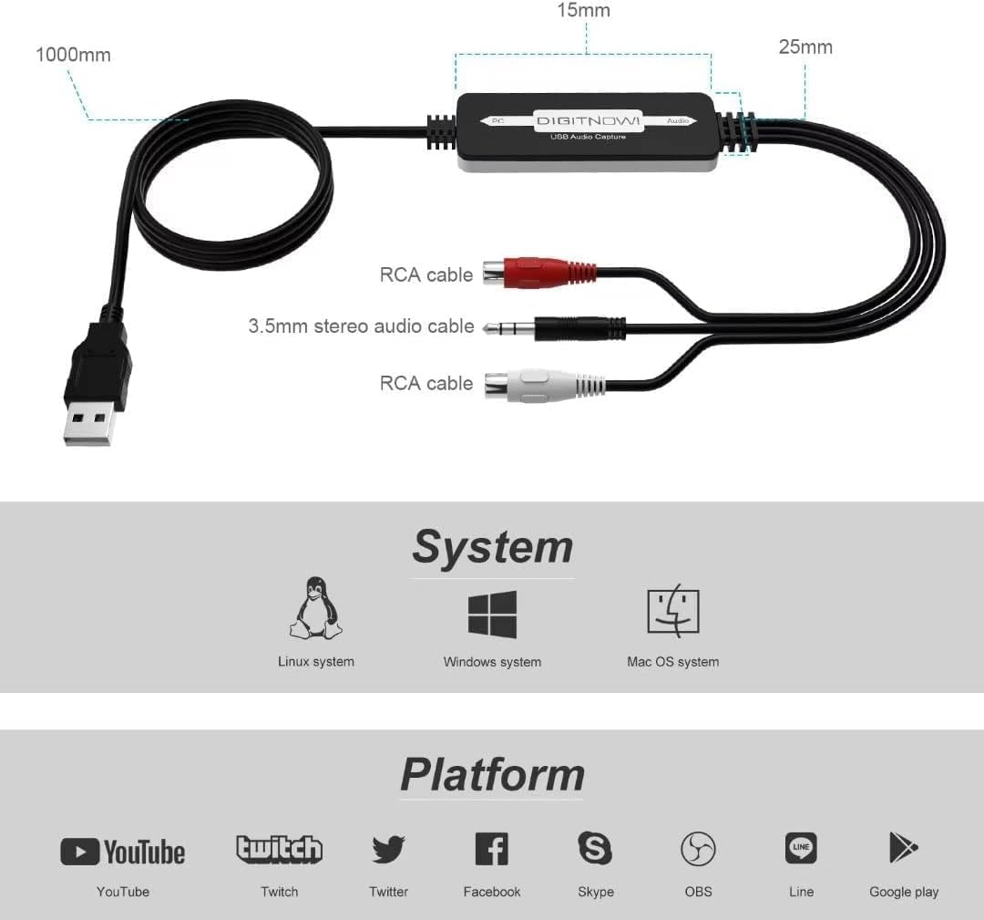 DigitPro USB 2.0 Audio Capture Card for Vinyl Records, Audio Grabber for Cassette Tapes to Digital MP3 Converter with Stereo RCA/3.5mm Music Interface, Support Mac & Windows 7/8/10/XP/Vista
