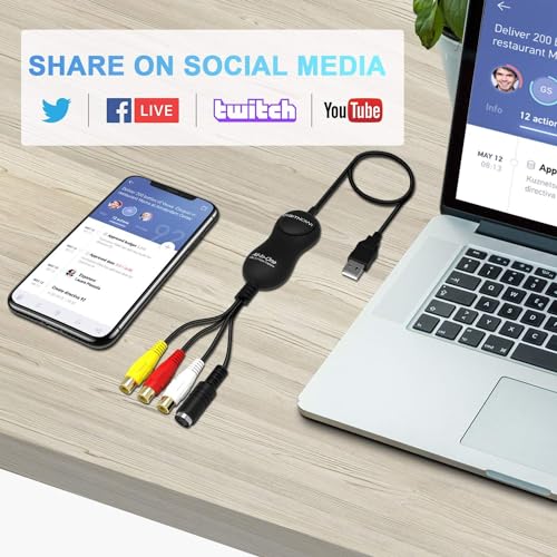 DigitPro Video Capture, VHS to Digital Converter, USB 2.0 Video Capture Device, VCR to Digital Converter, RCA to USB Converter, Video Grabber for MAC/PC/TV/Camcorder, MAC OS Windows Compatible