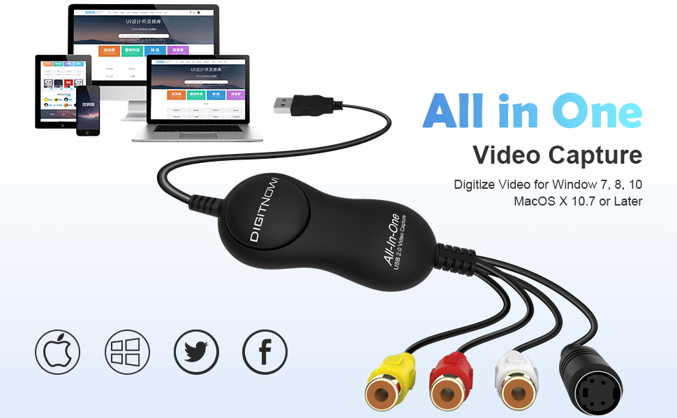 DigitPro Video Capture, VHS to Digital Converter, USB 2.0 Video Capture Device, VCR to Digital Converter, RCA to USB Converter, Video Grabber for MAC/PC/TV/Camcorder, MAC OS Windows Compatible