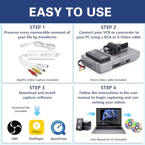 DigitPro VHS to DVD Wizard with USB Video Grabber, USB Video Capture Card, RCA to USB Converter, Hi8 Mini DV to DVD Converter for Tape Player Camcorder Camera PC TV, Windows Mac OS Compatible