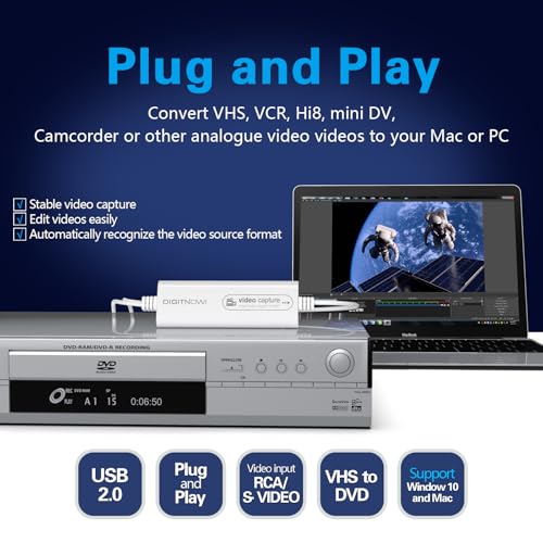 DigitPro VHS to DVD Wizard with USB Video Grabber, USB Video Capture Card, RCA to USB Converter, Hi8 Mini DV to DVD Converter for Tape Player Camcorder Camera PC TV, Windows Mac OS Compatible