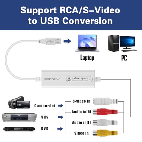 DigitPro VHS to DVD Wizard with USB Video Grabber, USB Video Capture Card, RCA to USB Converter, Hi8 Mini DV to DVD Converter for Tape Player Camcorder Camera PC TV, Windows Mac OS Compatible