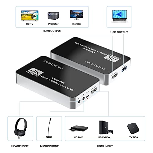 DigitPro Capture Card 4K 60FPS, Video Capture Card, USB3.0 HDMI Capture CardGame Capture for Streaming Recording, Work with PS4 PS5 X Box OBS Twitch, PC Windows Mac Linux Android Compatible