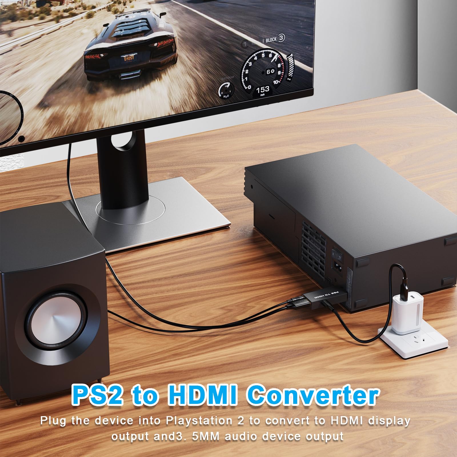 PS2 to HDMI Converter Adapter, HDMI Cable for PlayStation 2 Console, Audio Video Converter for HDTV HDMI Monitor, Plug and Play with 3.5mm Audio Output and USB Power Cable