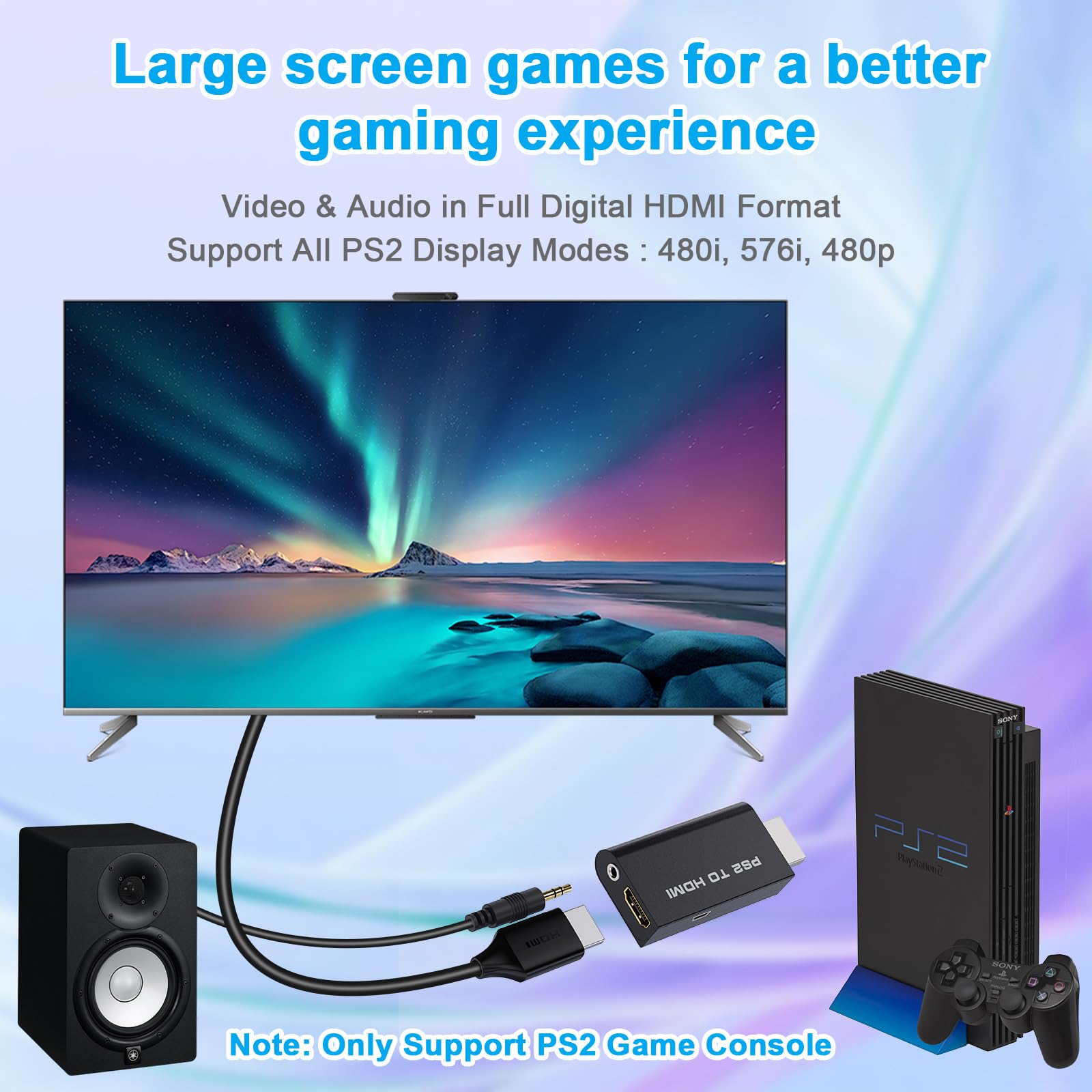 PS2 to HDMI Converter Adapter, HDMI Cable for PlayStation 2 Console, Audio Video Converter for HDTV HDMI Monitor, Plug and Play with 3.5mm Audio Output and USB Power Cable