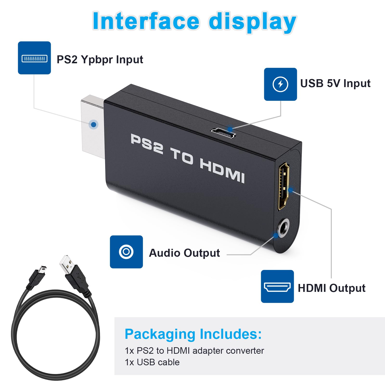 PS2 to HDMI Converter Adapter, HDMI Cable for PlayStation 2 Console, Audio Video Converter for HDTV HDMI Monitor, Plug and Play with 3.5mm Audio Output and USB Power Cable