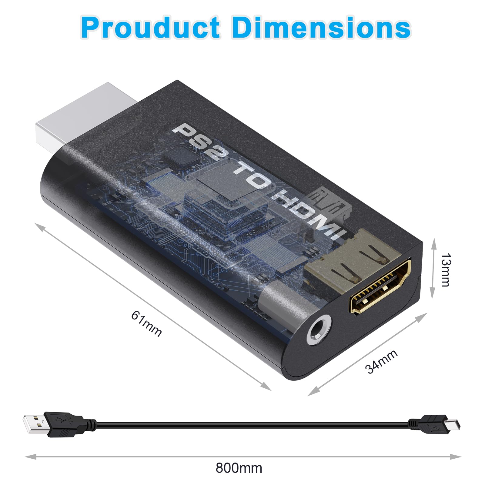 PS2 to HDMI Converter Adapter, HDMI Cable for PlayStation 2 Console, Audio Video Converter for HDTV HDMI Monitor, Plug and Play with 3.5mm Audio Output and USB Power Cable