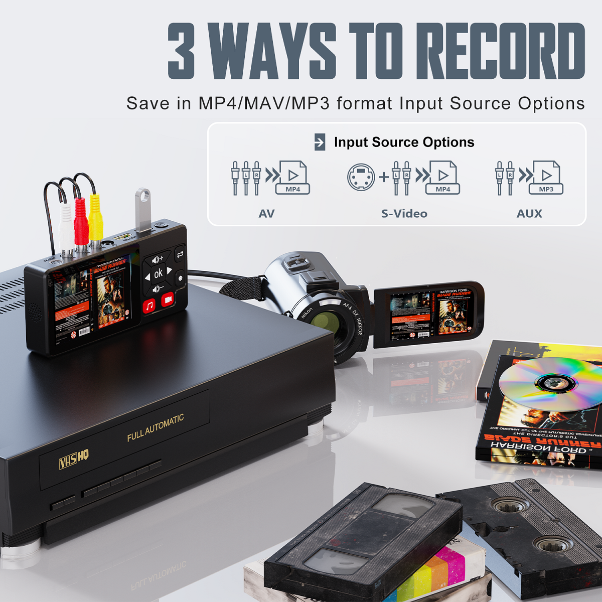 VHS to Digital Converter, HD Video to Digital Converter Recorder 3.0 with Remote, Convert Record Video Audio from VHS/VCR/DVR/DVD/Hi8/Mini DV Player, Camcorder, Gaming Console(Players Needed)