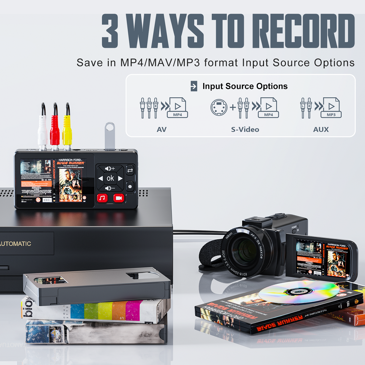 VHS to Digital Converter, HD Video to Digital Converter Recorder 3.0 with Remote, Convert Record Video Audio from VHS/VCR/DVR/DVD/Hi8/Mini DV Player, Camcorder, Gaming Console(Players Needed)
