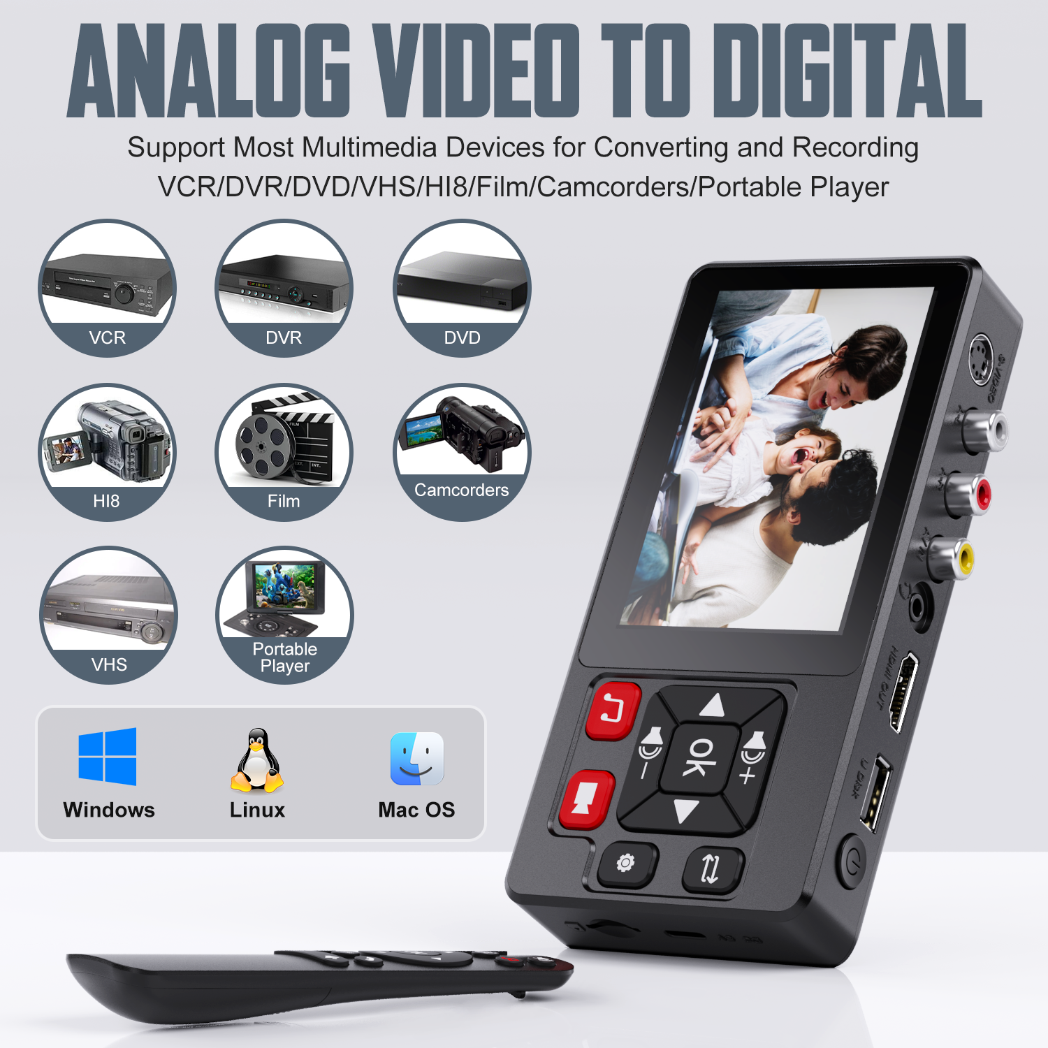 VHS to Digital Converter, HD Video to Digital Converter Recorder 3.0 with Remote, Convert Record Video Audio from VHS/VCR/DVR/DVD/Hi8/Mini DV Player, Camcorder, Gaming Console(Players Needed)