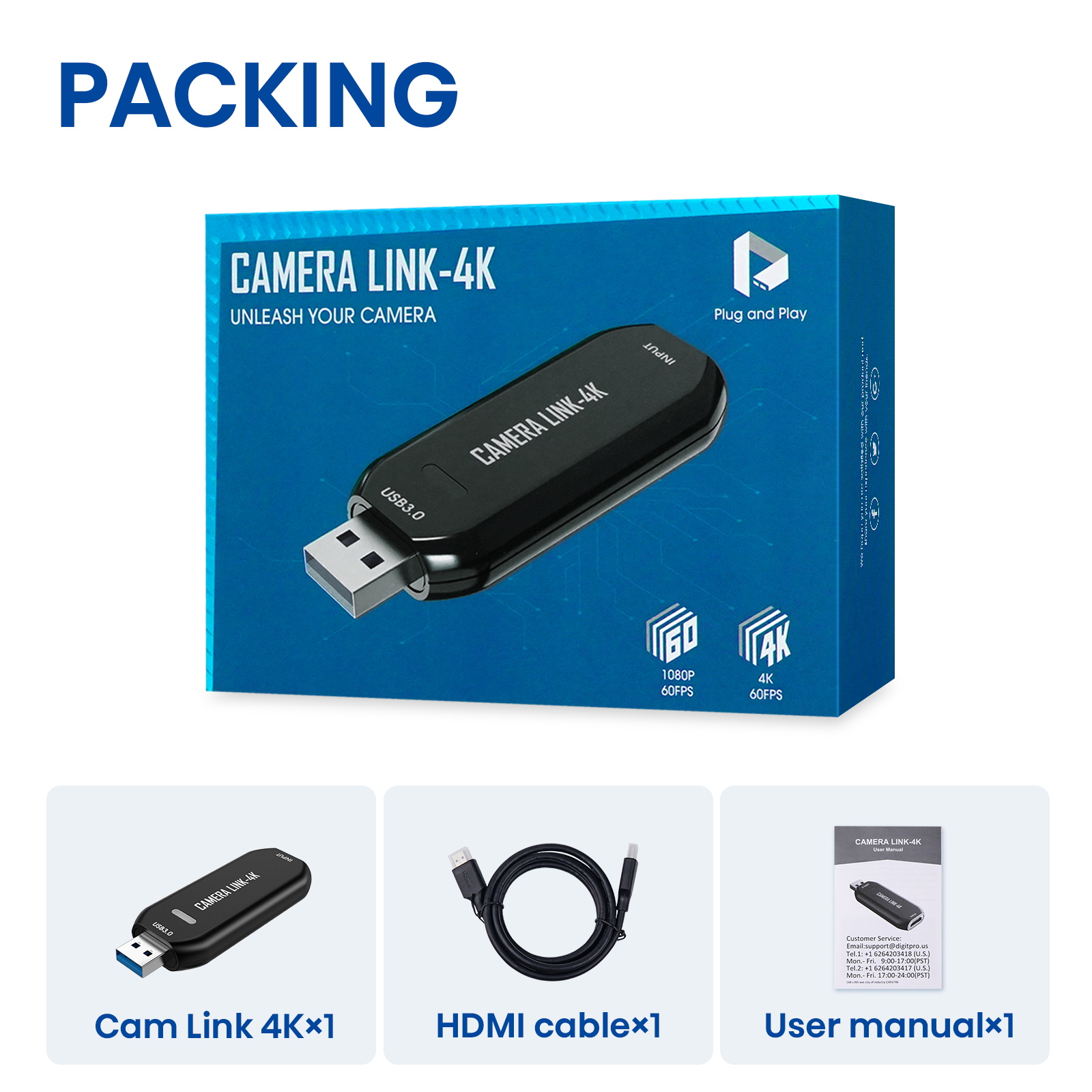 DigitPro Cam Link 4K – External Capture Card for DSLR Camcorder ActionCam as Webcam, HDMI to USB 3.0, Meet/Stream/Record in 2K50/1080p60, Easy Connect for OBS/Zoom, Windows/Mac