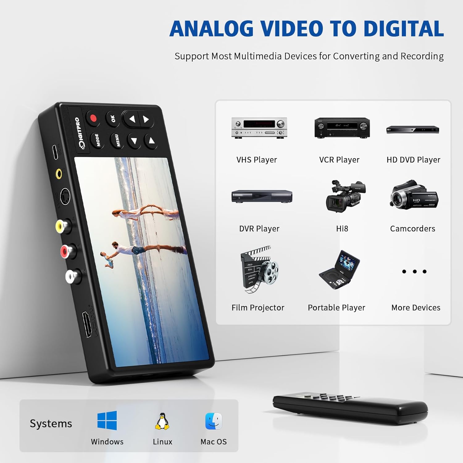 VHS to Digital Converter 3.0, 5” HD Video to Digital Recorder, Convert Video & Audio from Analog VCR, DVR, DVD, Hi8, Mini DV, Camcorder Cassette Tapes (Tapes/DVD Player Needed)