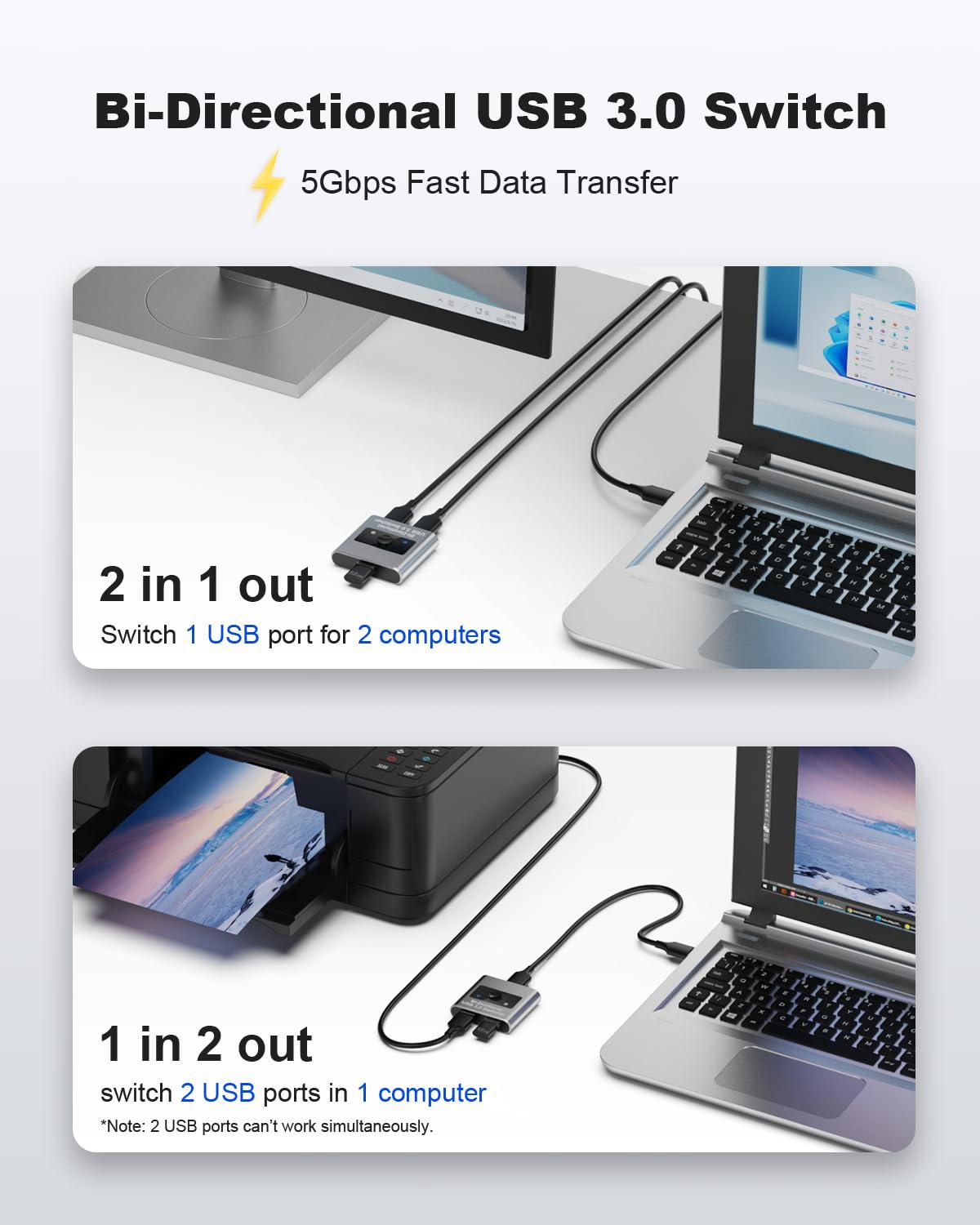 Aluminum USB 3.0 Switch, Bi-Directional 2 in 1 Out / 1 in 2 Out - Share 1 Device for Printer, Keyboard - Includes 2 USB 3.0 Cables (4.9ft)