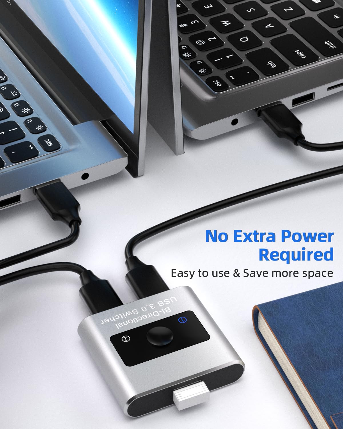 Aluminum USB 3.0 Switch, Bi-Directional 2 in 1 Out / 1 in 2 Out - Share 1 Device for Printer, Keyboard - Includes 2 USB 3.0 Cables (4.9ft)