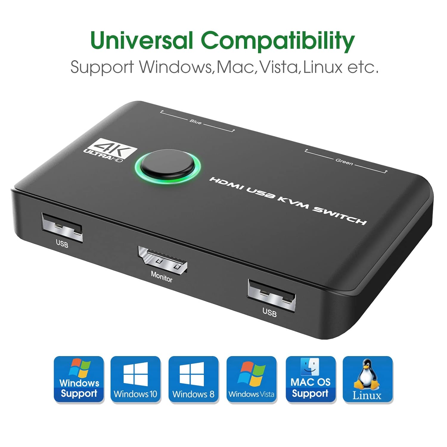 4K KVM Switch HDMI 2 Port Box, USB HDMI KVM Switches for 2 Computers Share Keyboard Mouse Printer and one HD Monitor, Support UHD 4K@60Hz, with 2 USB Cables and 2 HDMI Cables