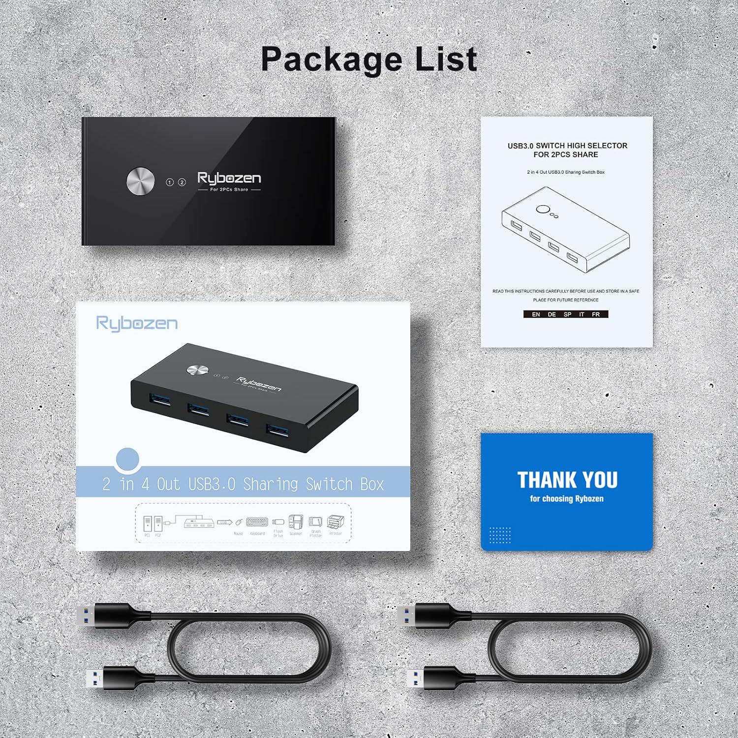 USB 3.0 Switch, USB Switcher 2 Computers Share 4 USB for Keyboard Mouse Printer Scanner, USB KVM Switch Selector with 2 USB 3.0 Cables, Compatible with Windows, Mac, Linux