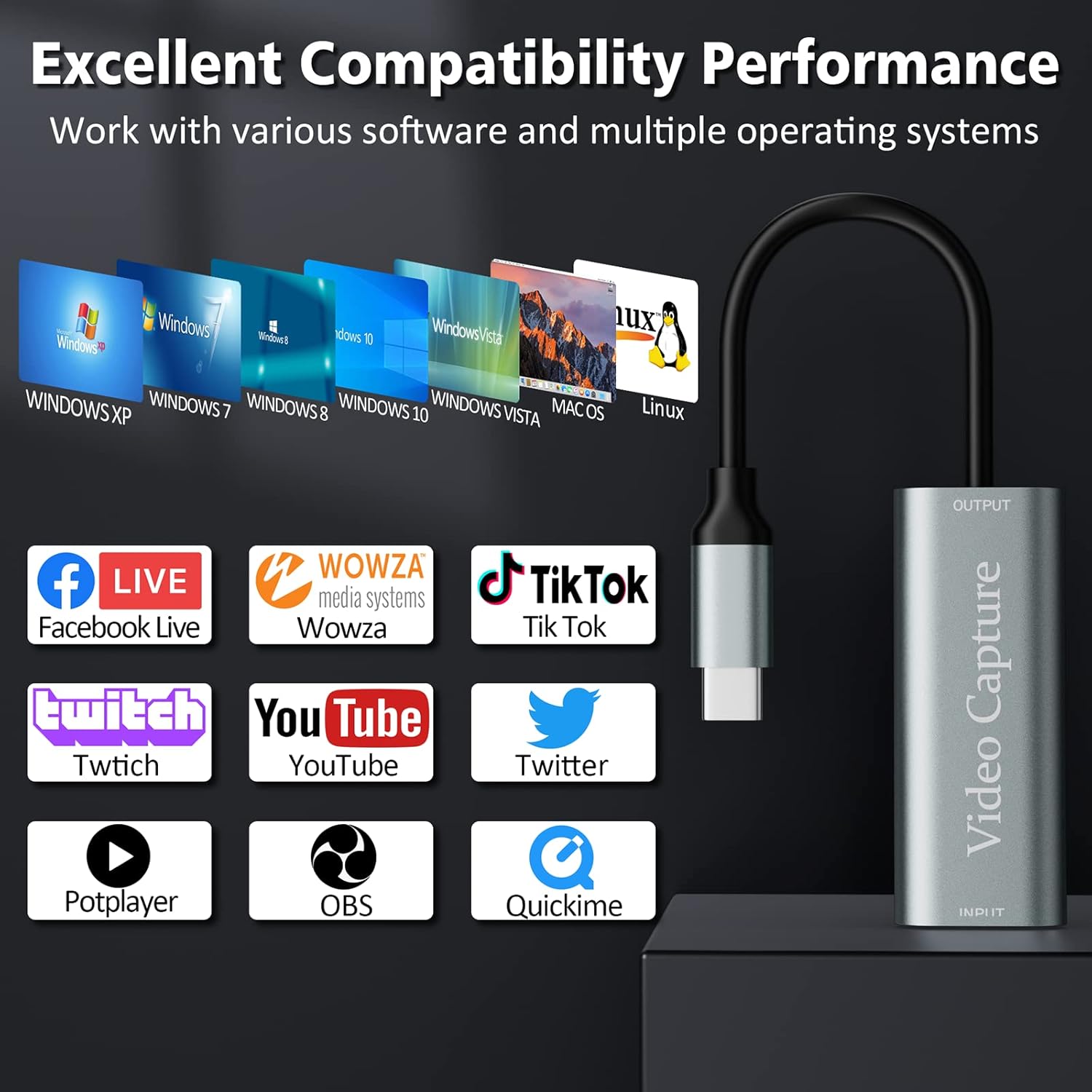 Video Capture Card, USB3.0 HDMI to USB C Capture Card, 4K 1080P 60FPS, Video Recording Card for Gaming Live Streaming, for Windows/Mac OS System with USB C Adapter to Adjust PS4, Switch, Xbox